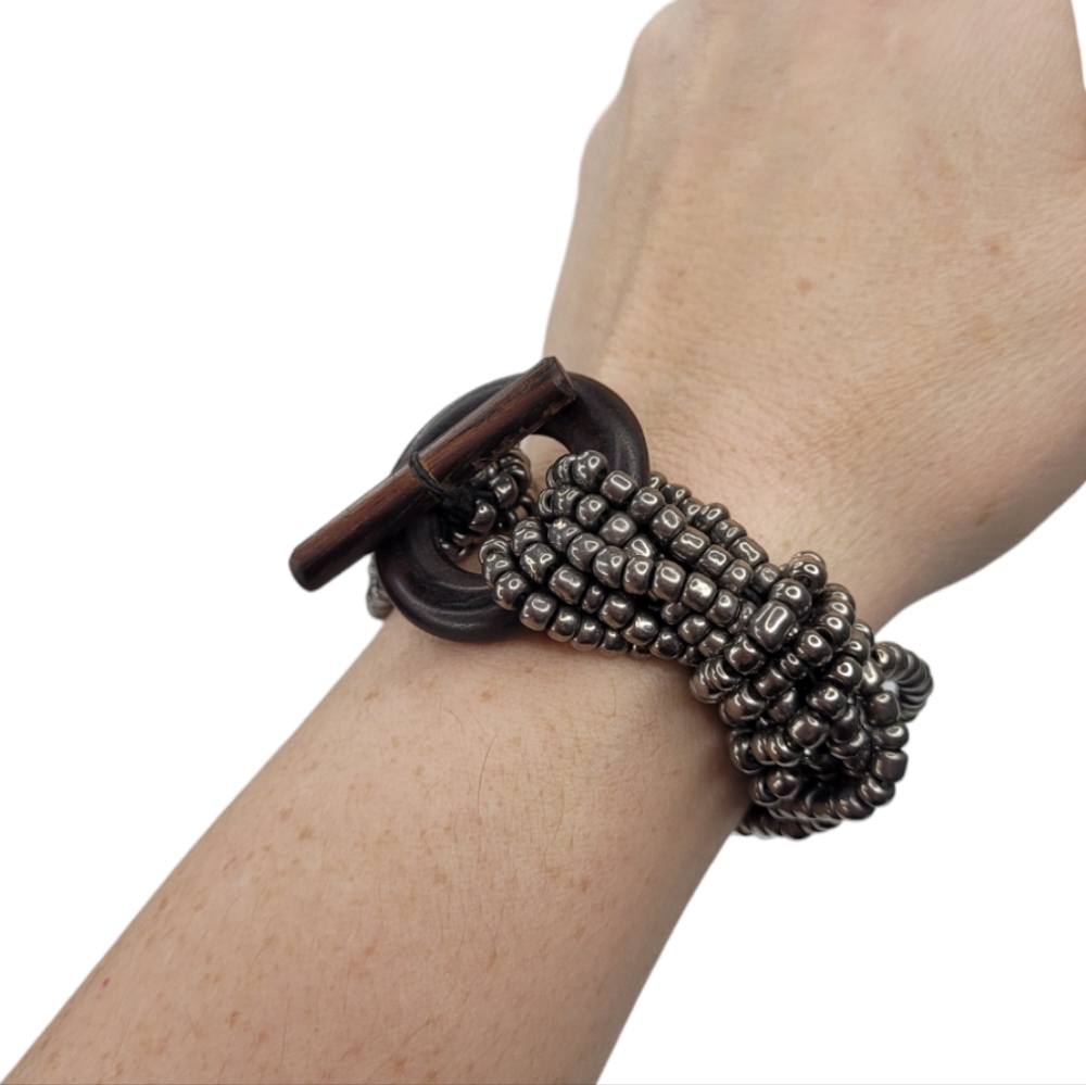 Wood & Pewter Natural Bracelet Stretch Bead Carved Wood Toggle Clasp